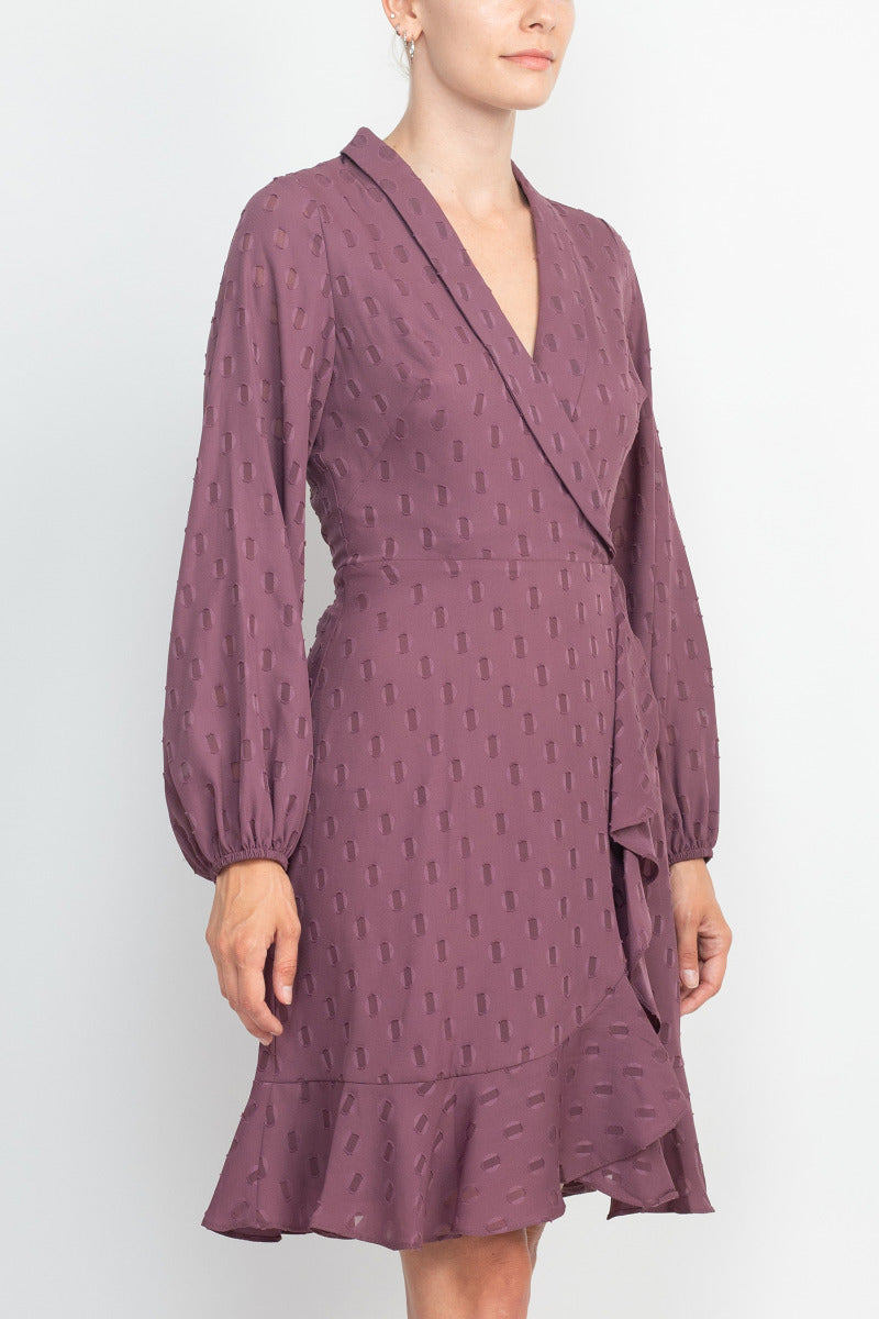 London Times Shawl Collar V-Neck Long Sleeves with Cuffs Back Zipper Ruffled Hem Short Dress by Curated Brands