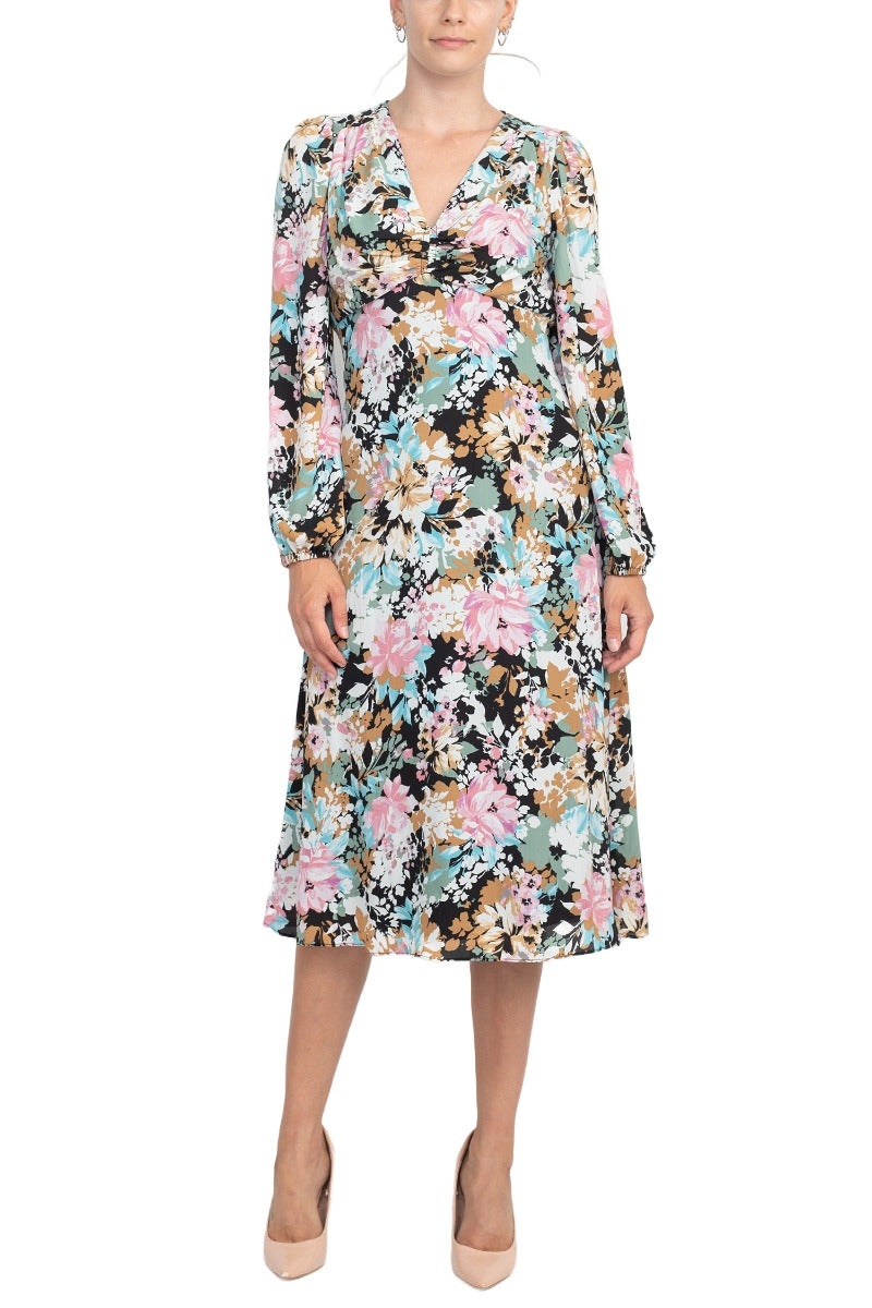 London Times V-Neck Bishop Long Sleeve Floral Print Zipper Back Crepe Dress by Curated Brands