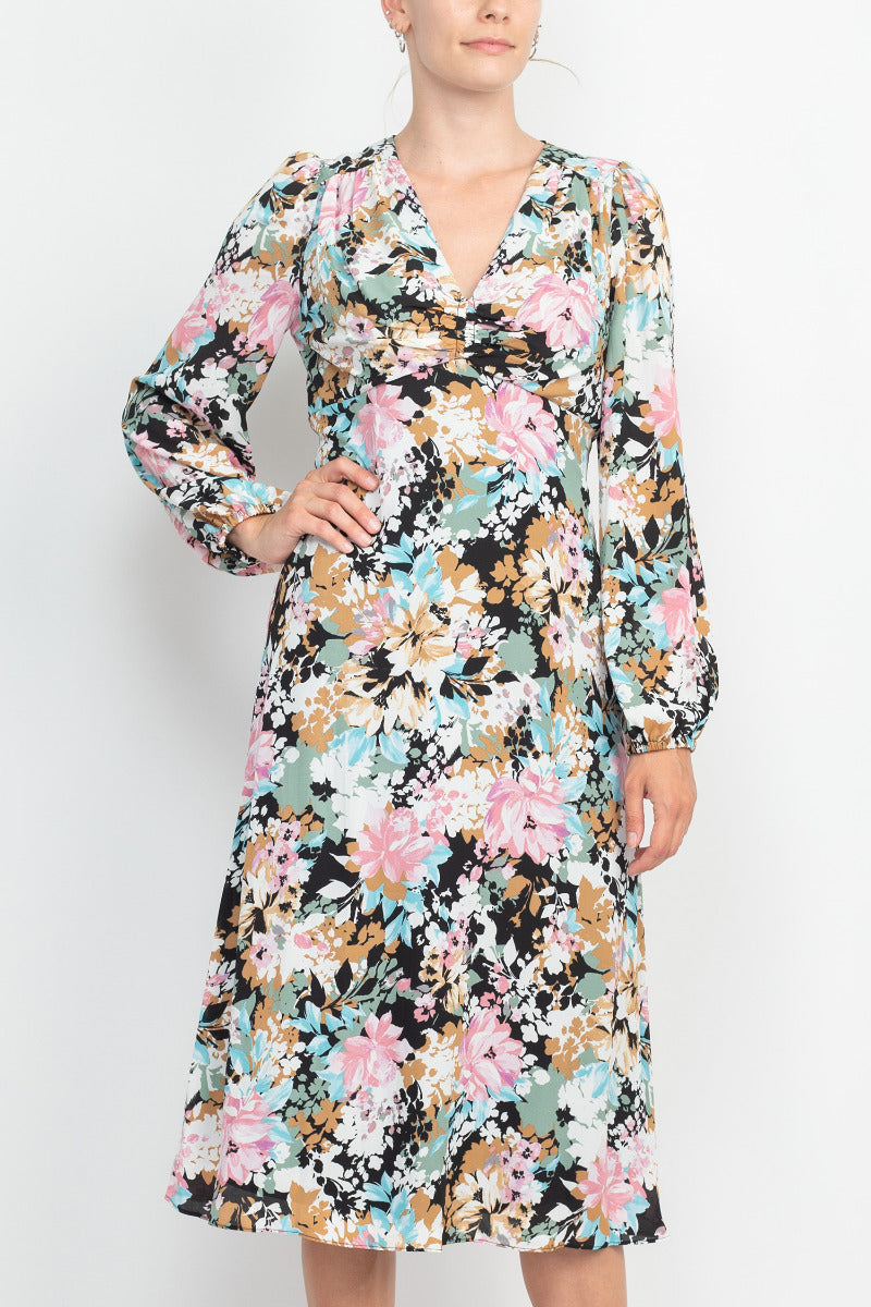 London Times V-Neck Bishop Long Sleeve Floral Print Zipper Back Crepe Dress by Curated Brands