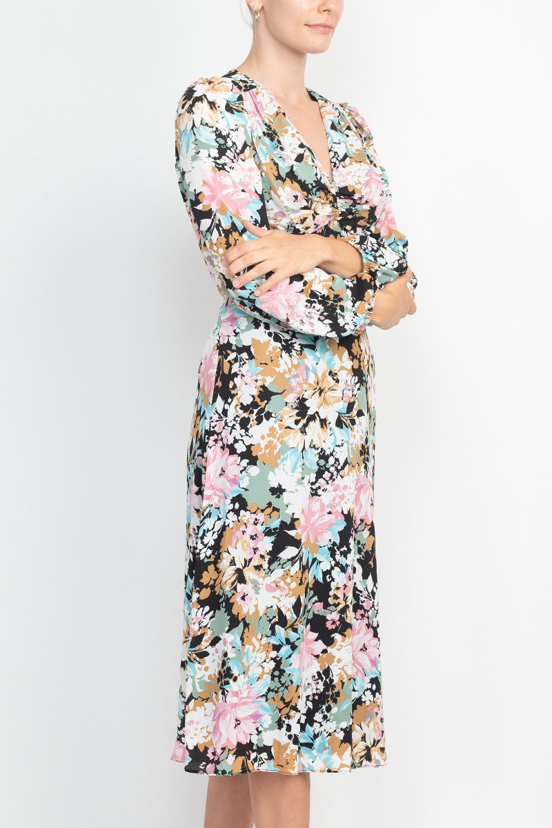 London Times V-Neck Bishop Long Sleeve Floral Print Zipper Back Crepe Dress by Curated Brands