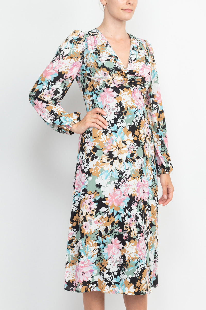 London Times V-Neck Bishop Long Sleeve Floral Print Zipper Back Crepe Dress by Curated Brands