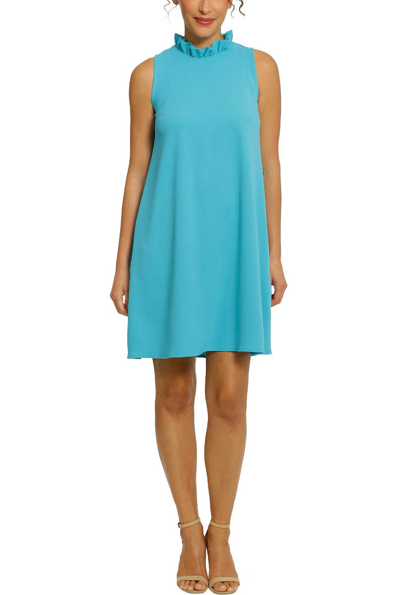 London Times Ruffle Neck Sleeveless A-Line Tie Back Crepe Dress by Curated Brands