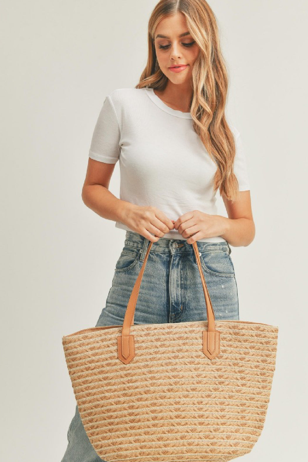 Horizontal Striped Straw Tote Bag by Embellish Your Life