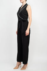 Tahari Lapel Collar V-Neck Sleeveless Piping Detail Tie Waist Scuba Jumpsuit by Curated Brands