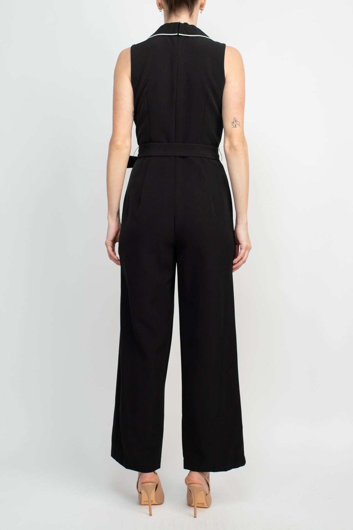 Tahari Lapel Collar V-Neck Sleeveless Piping Detail Tie Waist Scuba Jumpsuit by Curated Brands