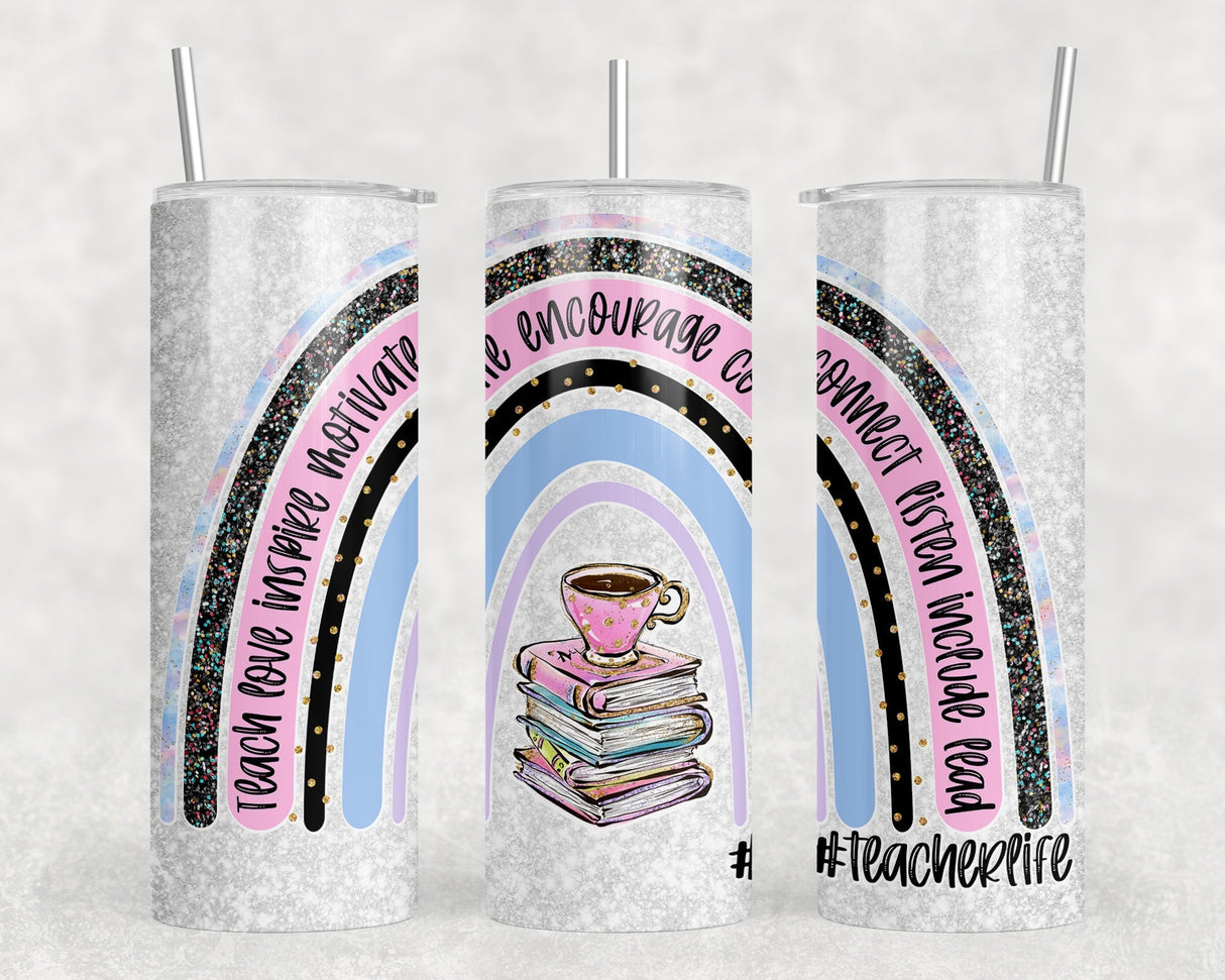 Teacher Life Rainbow - 20 oz Steel Skinny Tumbler - Optional Blue Tooth Speaker - Speaker Color will Vary by Rowdy Ridge Co