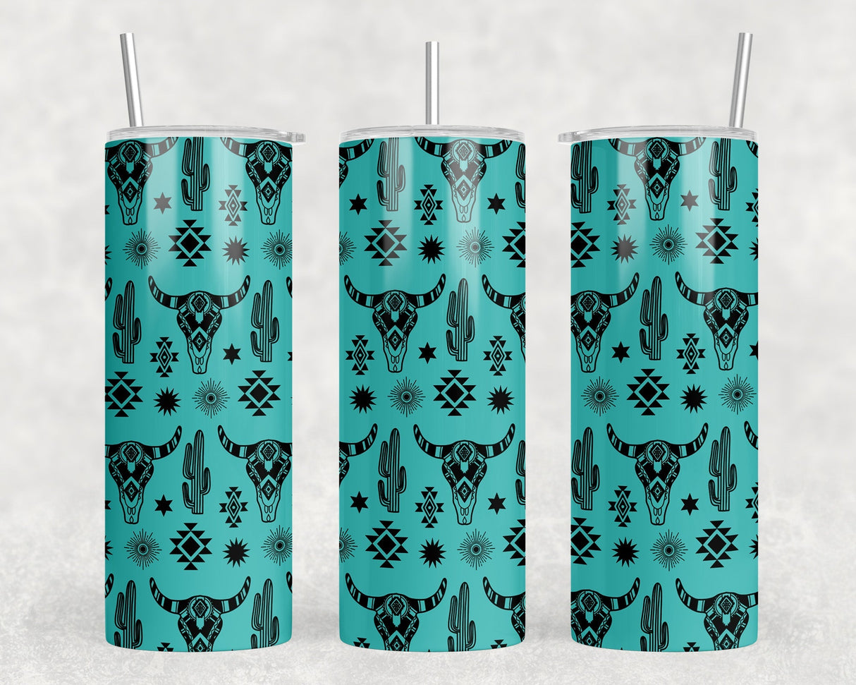 Teal Western Bull Skull - 20 oz Steel Skinny Tumbler - Optional Blue Tooth Speaker - Speaker Color will Vary by Rowdy Ridge Co