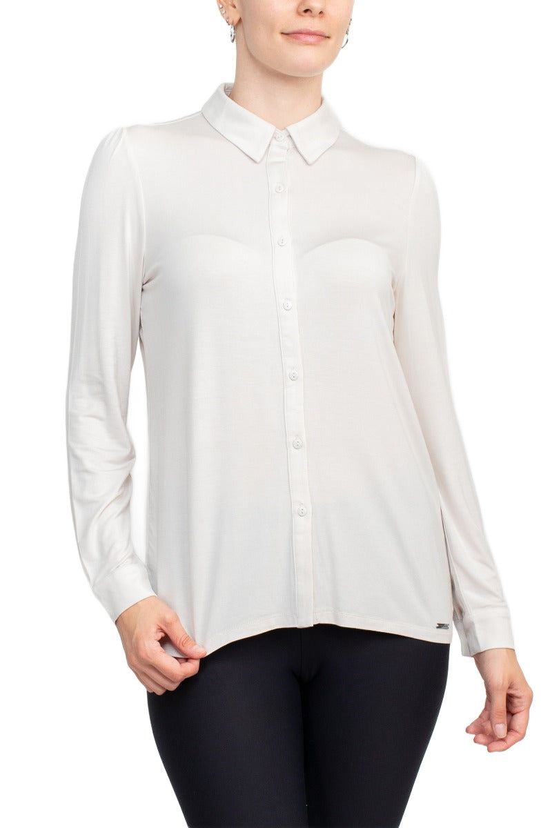 T Tahari Collar Neck Cuff Long Sleeves Button Detail ITY Blouse by Curated Brands