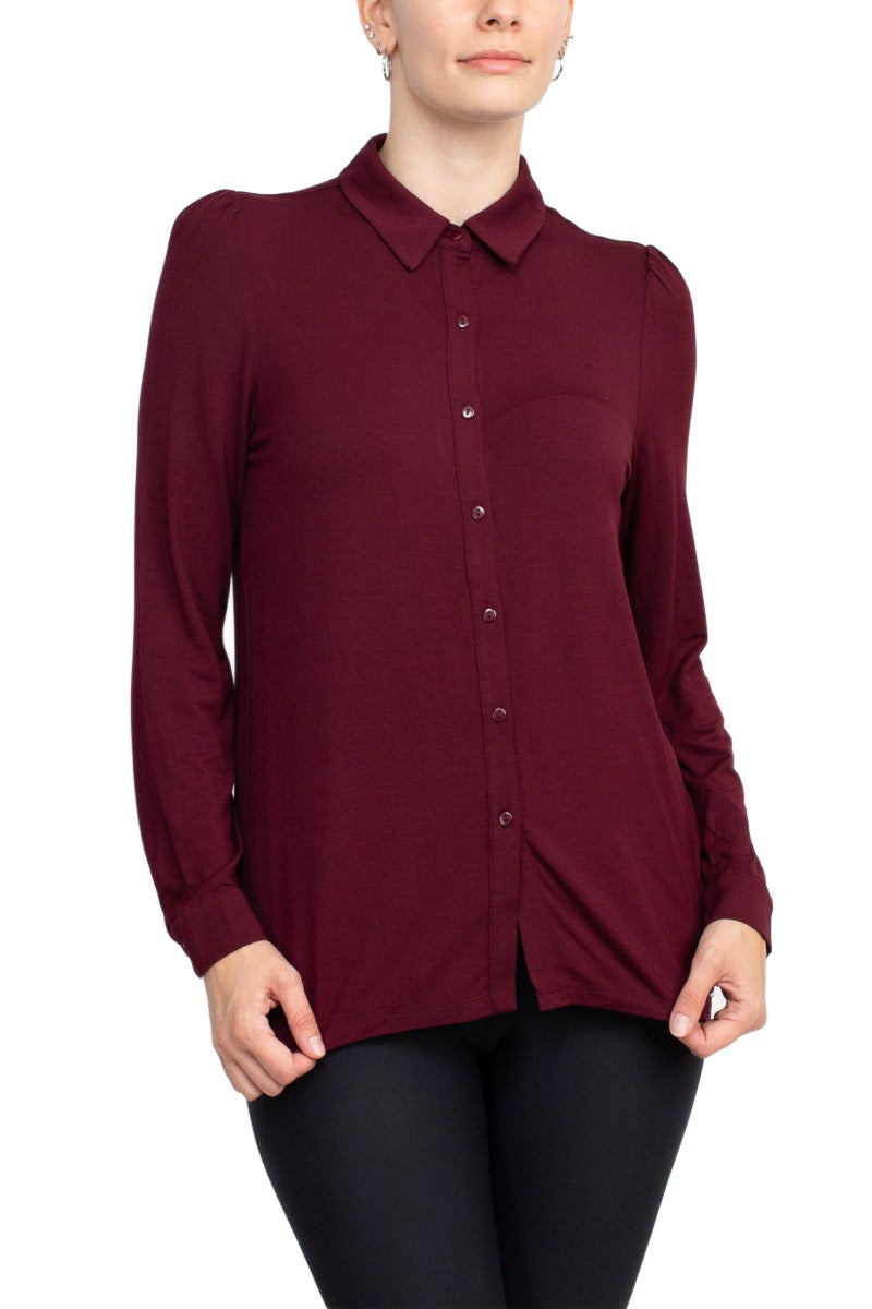 T Tahari Collar Neck Cuff Long Sleeves Button Detail ITY Blouse by Curated Brands