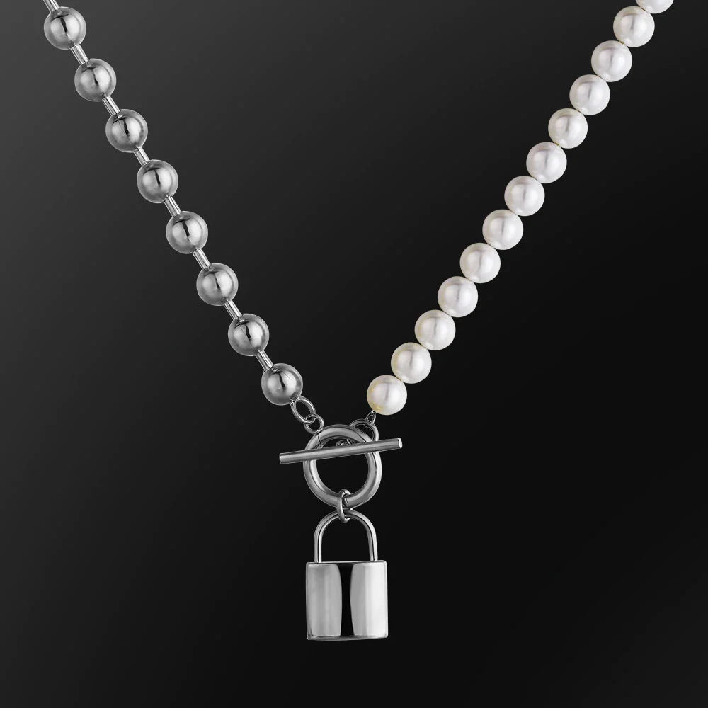 The Foreverness® - Pearl Necklace Bead Chain with Lock Pendant by Bling Proud | Urban Jewelry Online Store