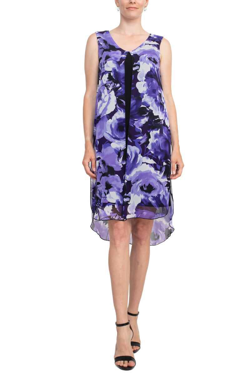 Connected Apparel Scoop Neck Sleeveless Floral Print Chiffon Overlay Stretch Crepe Dress by Curated Brands