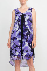 Connected Apparel Scoop Neck Sleeveless Floral Print Chiffon Overlay Stretch Crepe Dress by Curated Brands