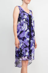 Connected Apparel Scoop Neck Sleeveless Floral Print Chiffon Overlay Stretch Crepe Dress by Curated Brands