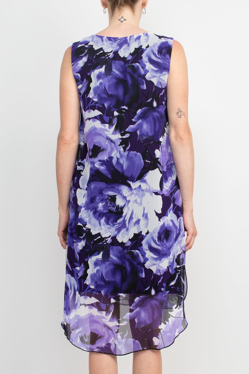 Connected Apparel Scoop Neck Sleeveless Floral Print Chiffon Overlay Stretch Crepe Dress by Curated Brands