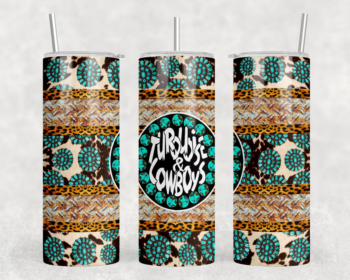 Turquoise And Cowboys  - 20 oz Steel Skinny Tumbler - Optional Blue Tooth Speaker - Speaker Color will Vary by Rowdy Ridge Co