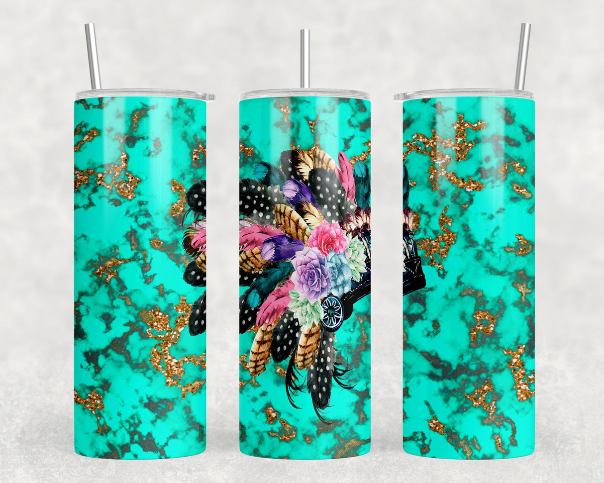 Turquoise Headdress - 20 oz Steel Skinny Tumbler - Optional Blue Tooth Speaker - Speaker Color will Vary by Rowdy Ridge Co