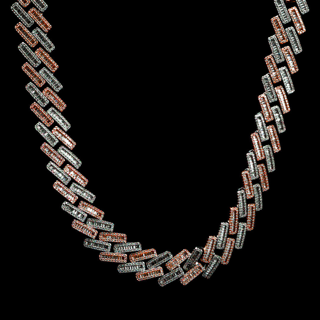 19mm Diamond Baguette Cuban Chain in Two Tone Rose Gold and White Gold by Custom Gold Grillz