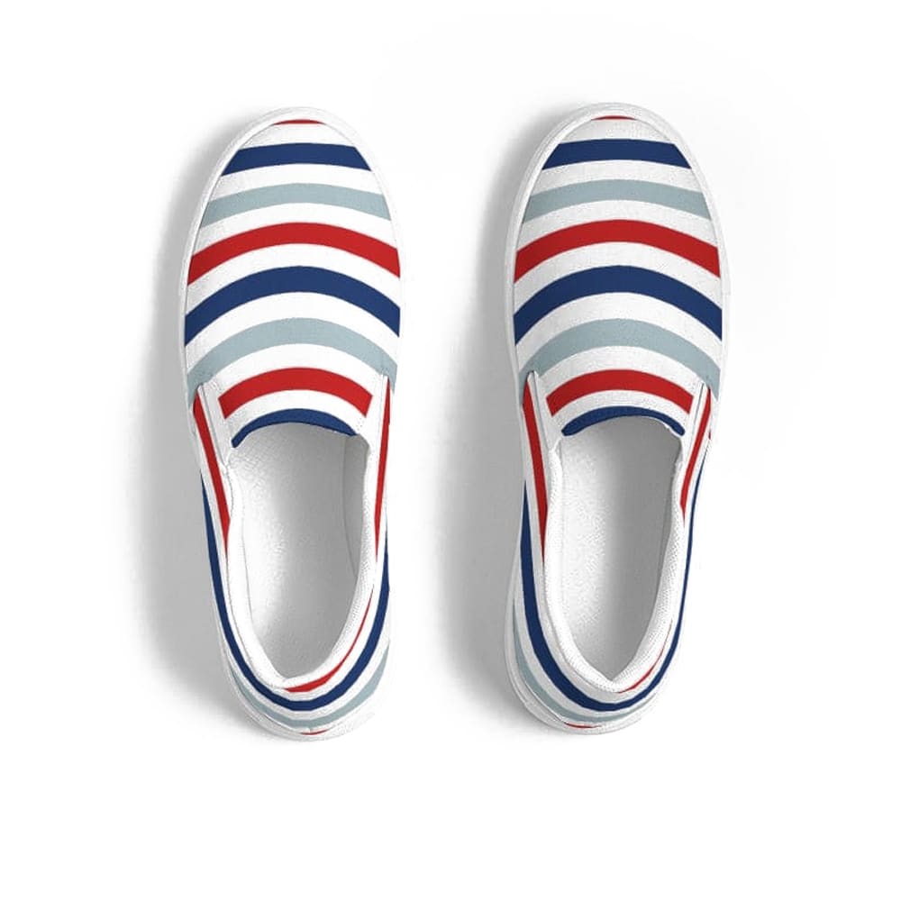 Womens Sneakers - Canvas Slip on Shoes, Red White Blue Striped Print by inQue.Style