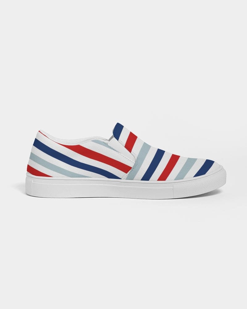 Womens Sneakers - Canvas Slip on Shoes, Red White Blue Striped Print by inQue.Style