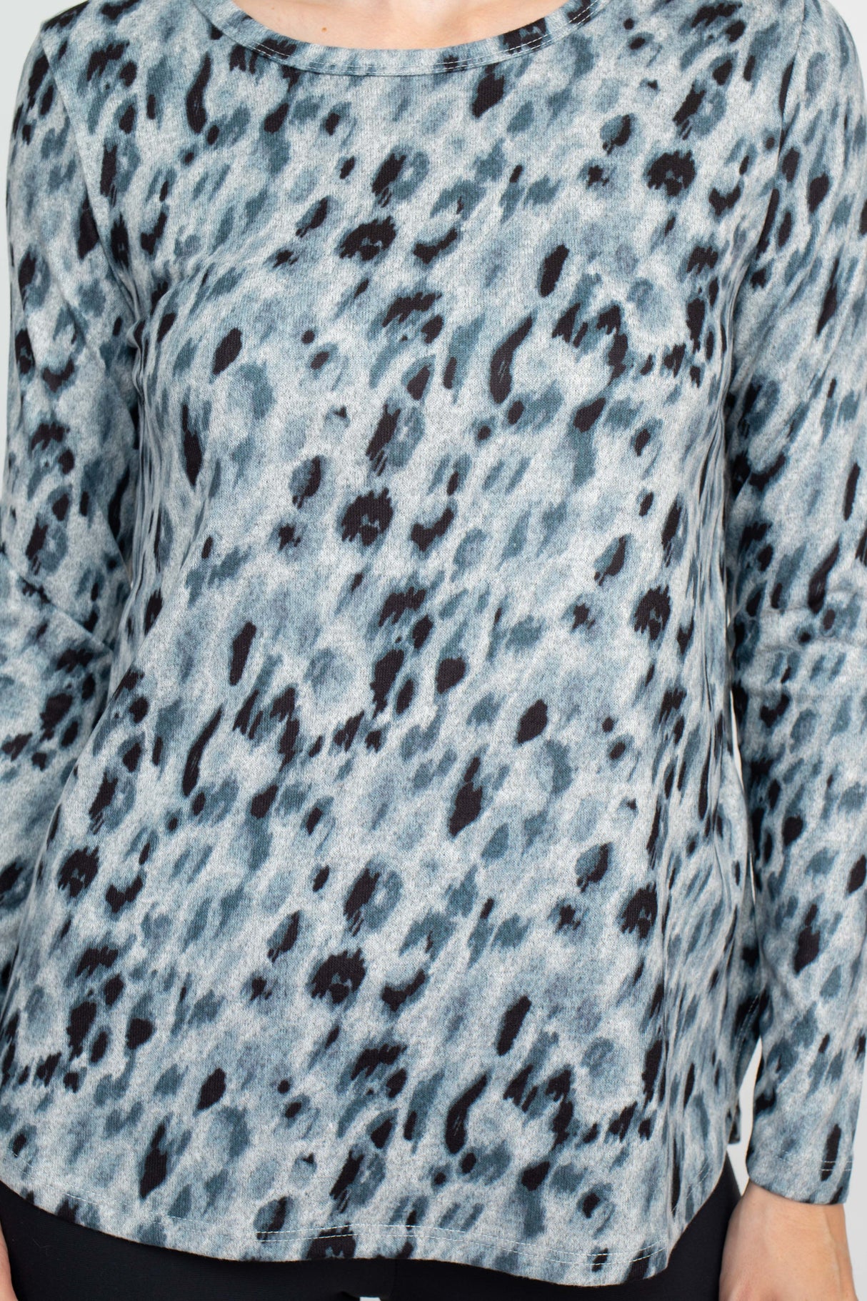 Joan Vass NY Boat Neck Long Sleeve High-Low Hem Animal Print Jersey Top by Curated Brands