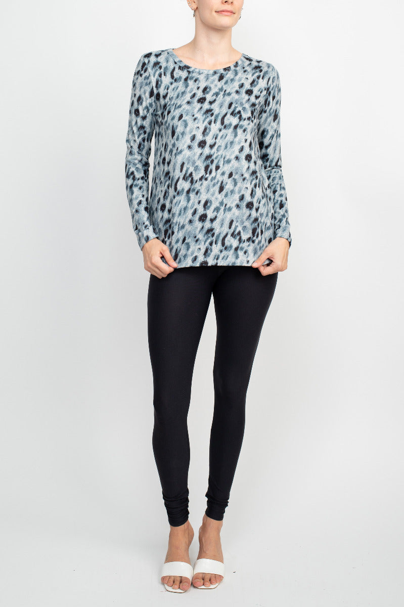 Joan Vass NY Boat Neck Long Sleeve High-Low Hem Animal Print Jersey Top by Curated Brands