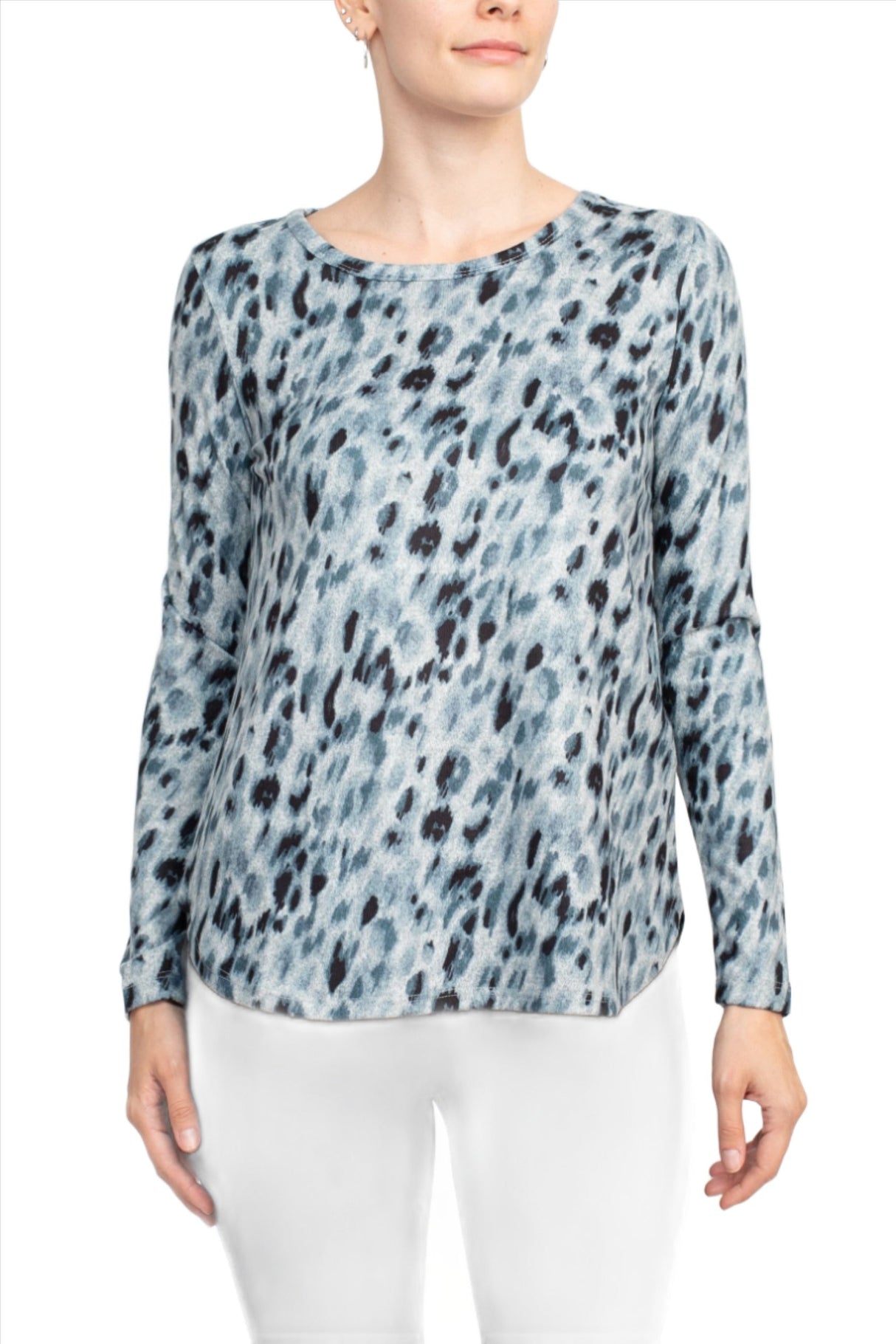 Joan Vass NY Boat Neck Long Sleeve High-Low Hem Animal Print Jersey Top by Curated Brands