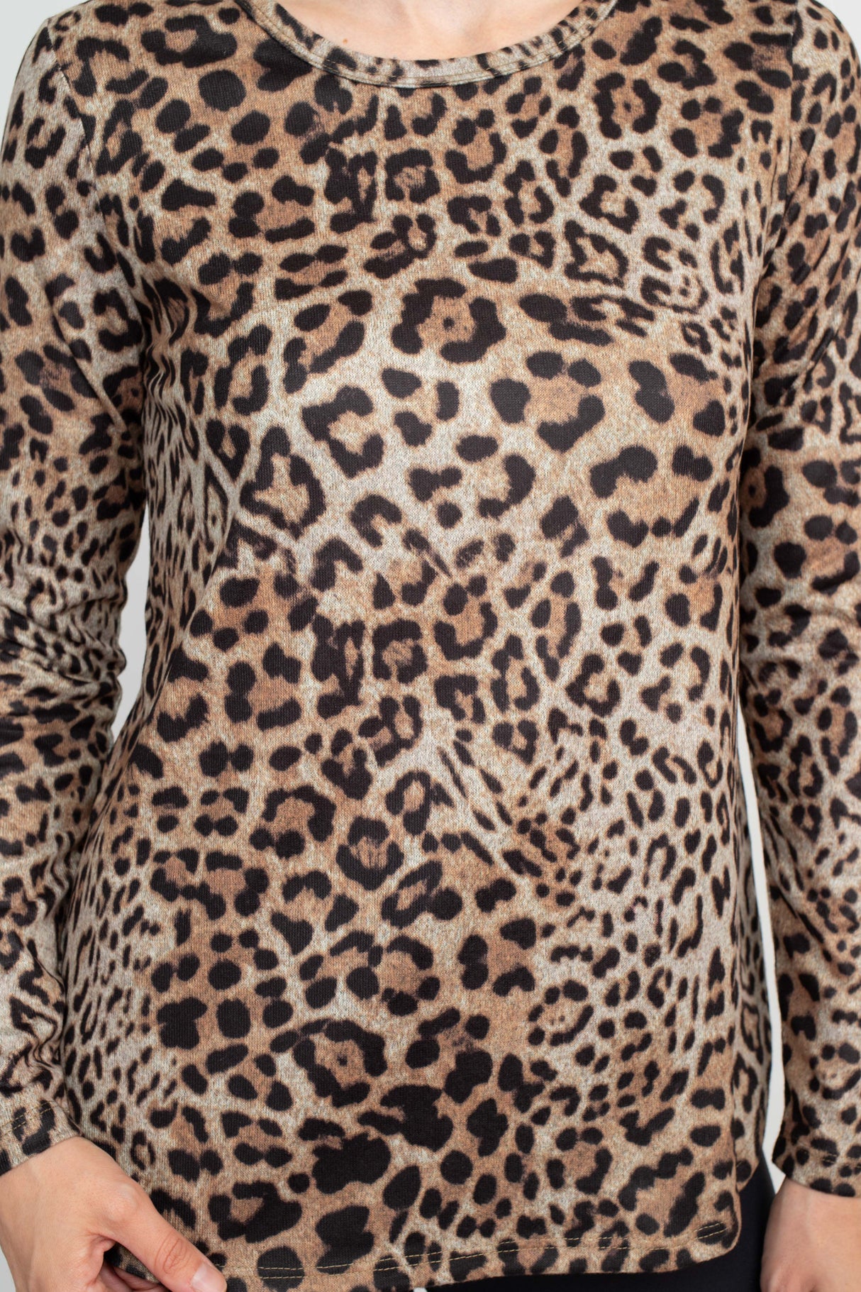 Joan Vass NY Boat Neck Long Sleeve High-Low Hem Animal Print Jersey Top by Curated Brands