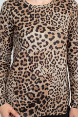 Joan Vass NY Boat Neck Long Sleeve High-Low Hem Animal Print Jersey Top by Curated Brands