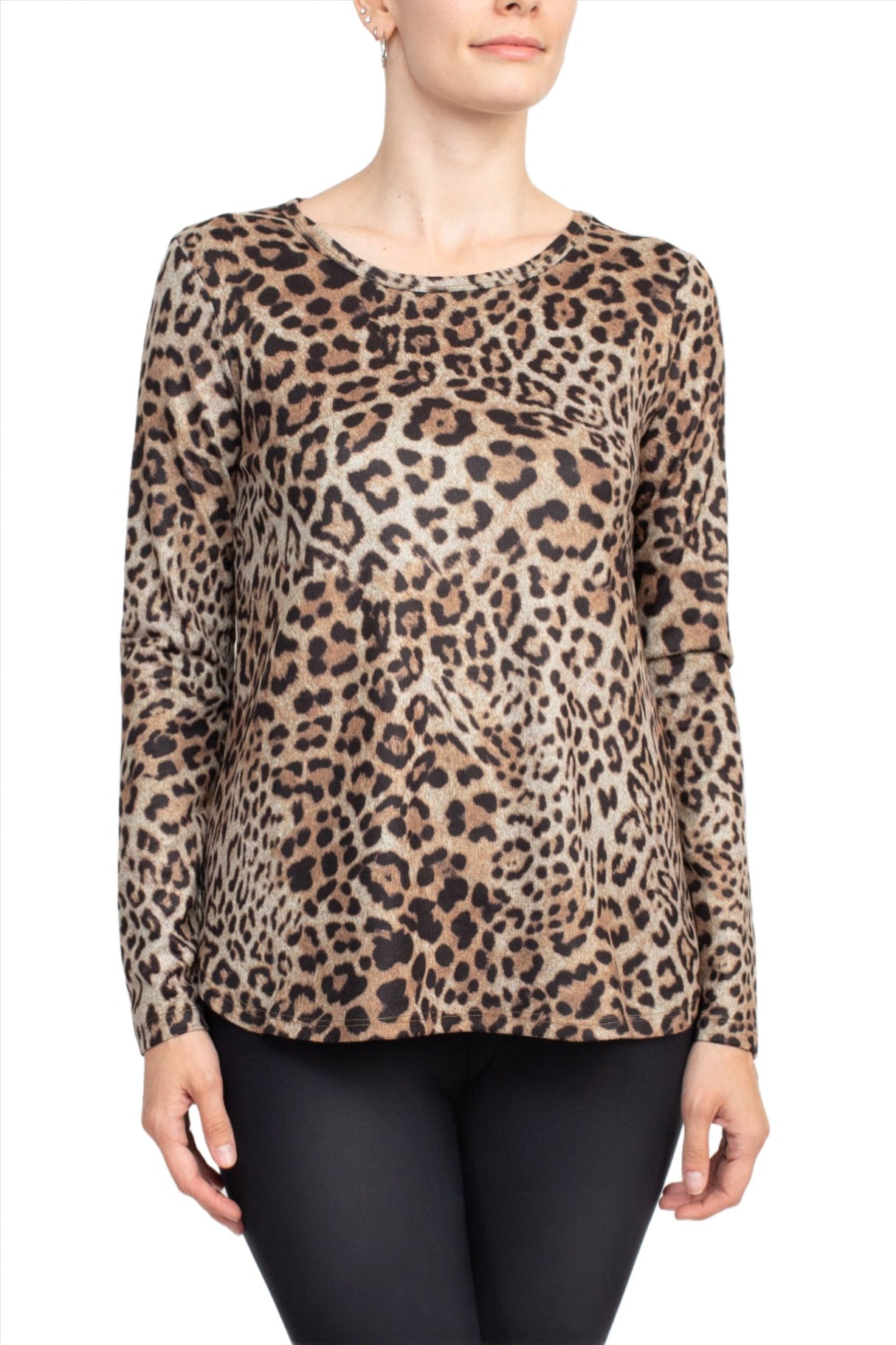 Joan Vass NY Boat Neck Long Sleeve High-Low Hem Animal Print Jersey Top by Curated Brands