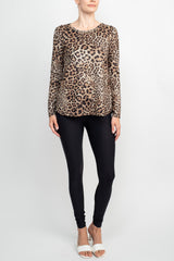 Joan Vass NY Boat Neck Long Sleeve High-Low Hem Animal Print Jersey Top by Curated Brands