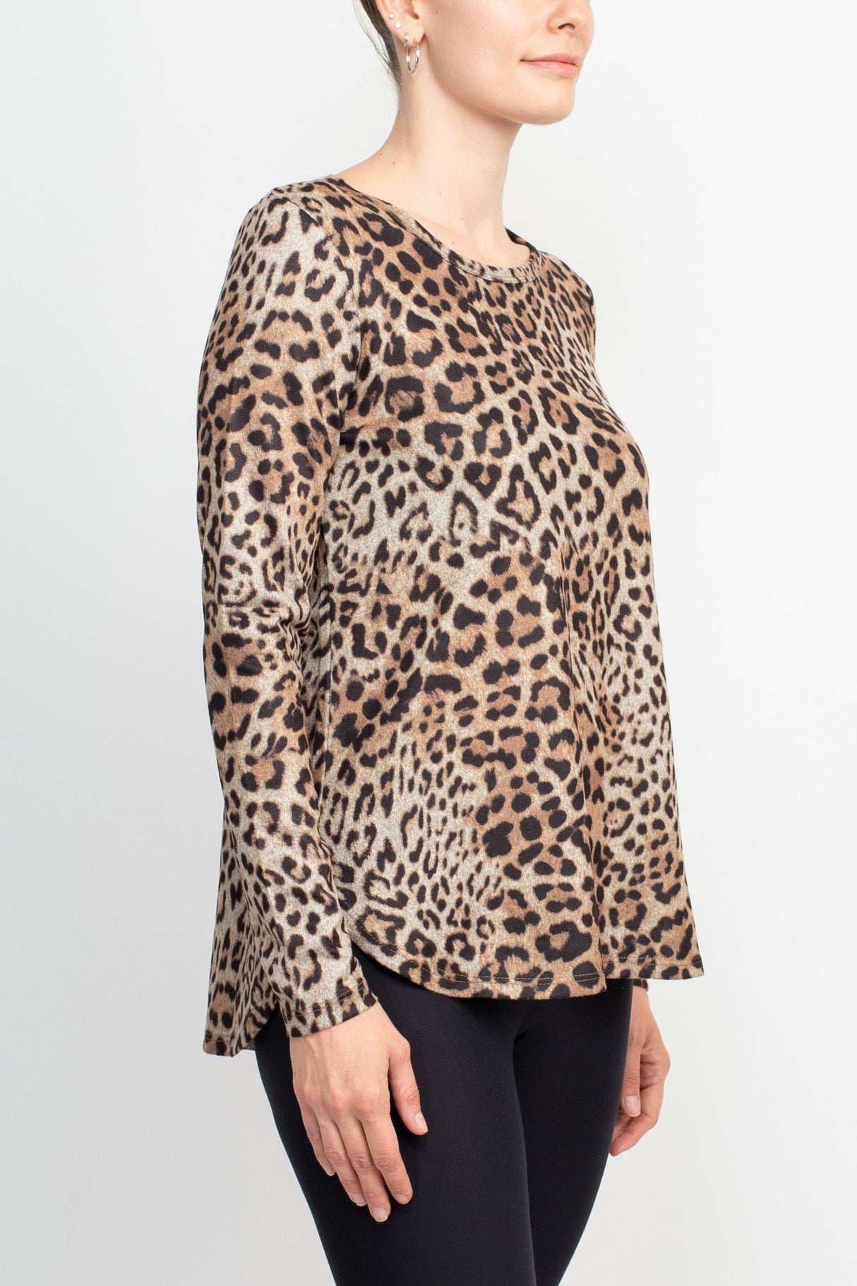 Joan Vass NY Boat Neck Long Sleeve High-Low Hem Animal Print Jersey Top by Curated Brands