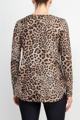 Joan Vass NY Boat Neck Long Sleeve High-Low Hem Animal Print Jersey Top by Curated Brands