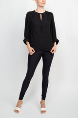 Joan Vass NY Crew Neck Tie Neck 3-4 Shirred Sleeve Front Panel Double Layer Crepe Top by Curated Brands