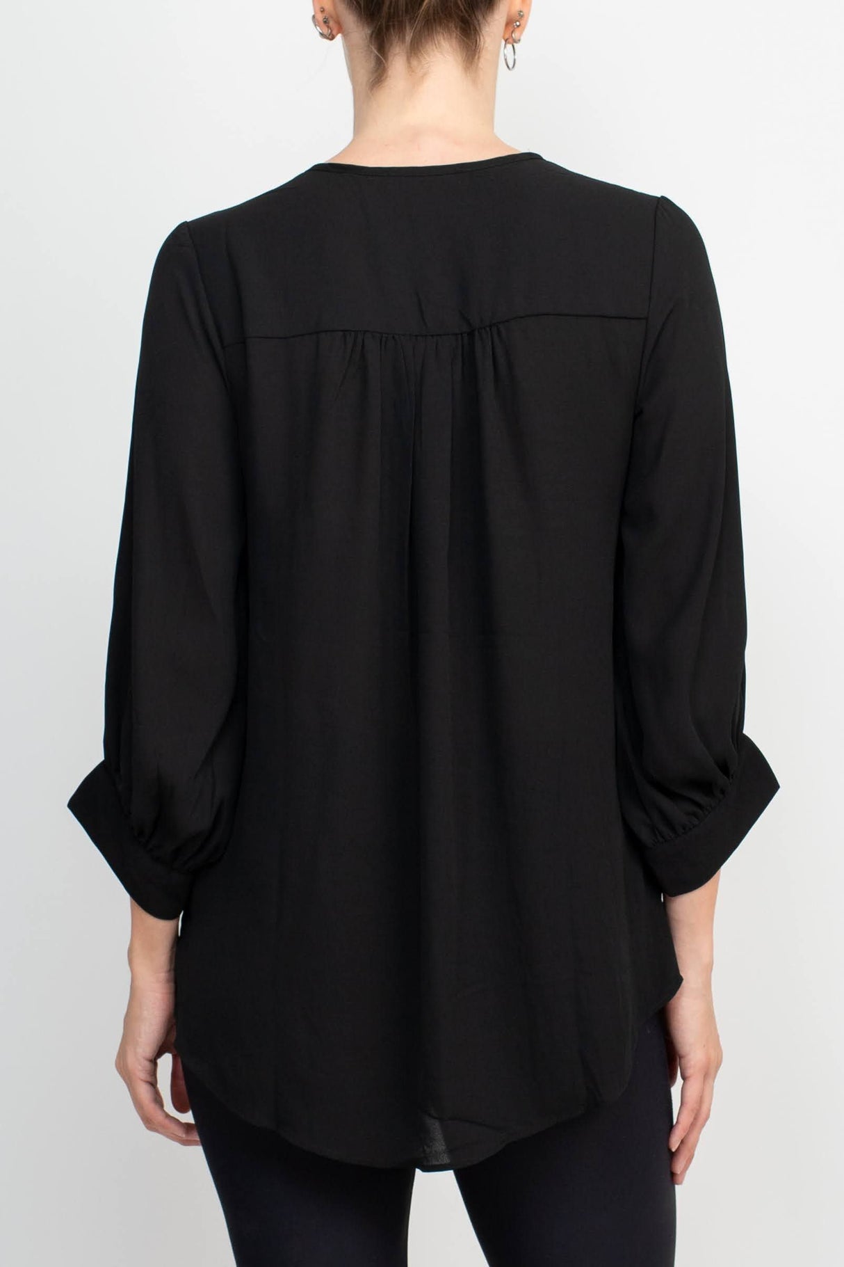 Joan Vass NY Crew Neck Tie Neck 3-4 Shirred Sleeve Front Panel Double Layer Crepe Top by Curated Brands