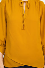 Joan Vass NY Crew Neck Tie Neck 3-4 Shirred Sleeve Front Panel Double Layer Crepe Top by Curated Brands