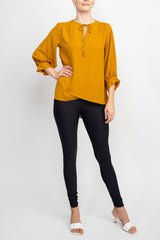 Joan Vass NY Crew Neck Tie Neck 3-4 Shirred Sleeve Front Panel Double Layer Crepe Top by Curated Brands