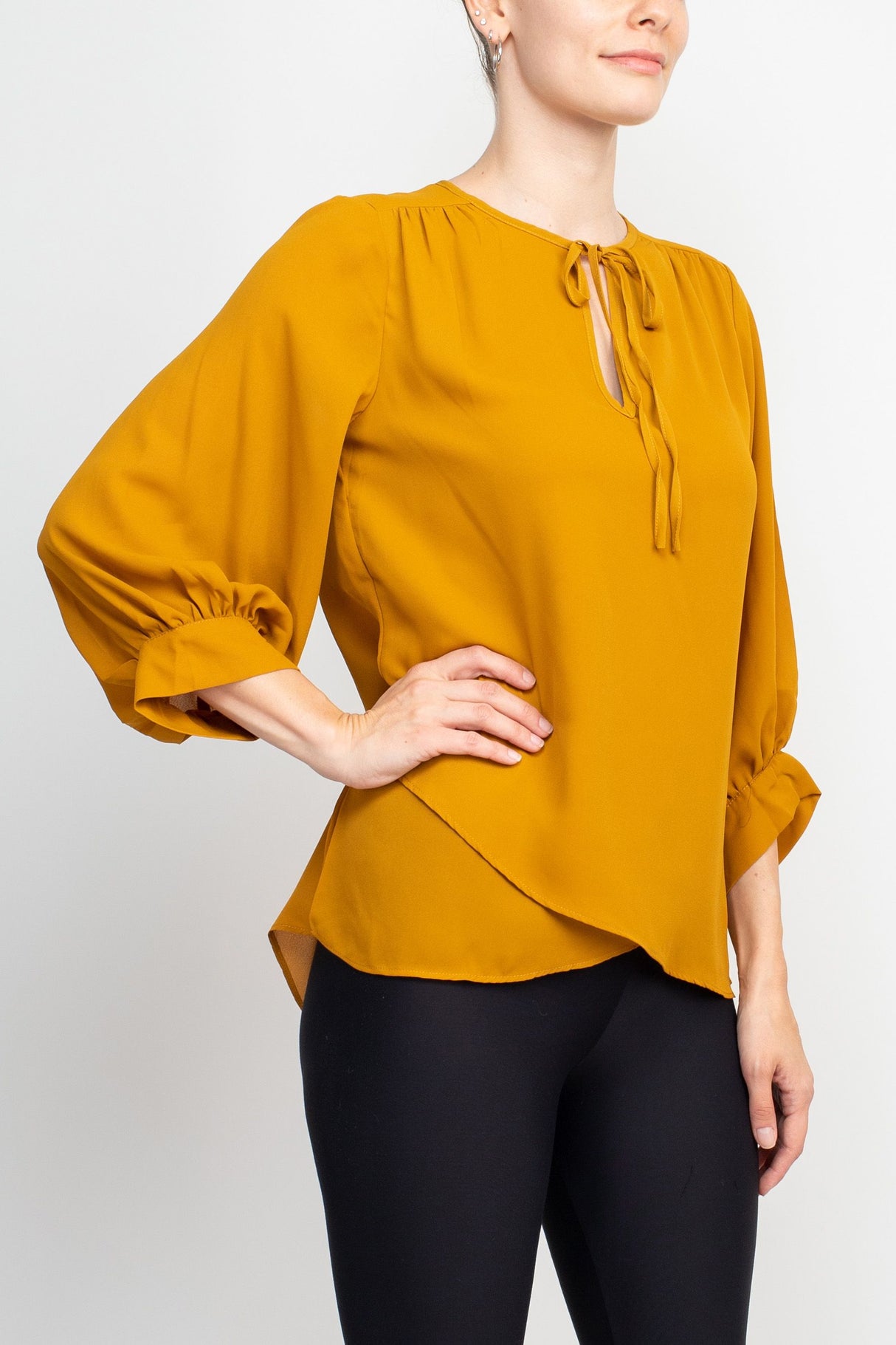 Joan Vass NY Crew Neck Tie Neck 3-4 Shirred Sleeve Front Panel Double Layer Crepe Top by Curated Brands