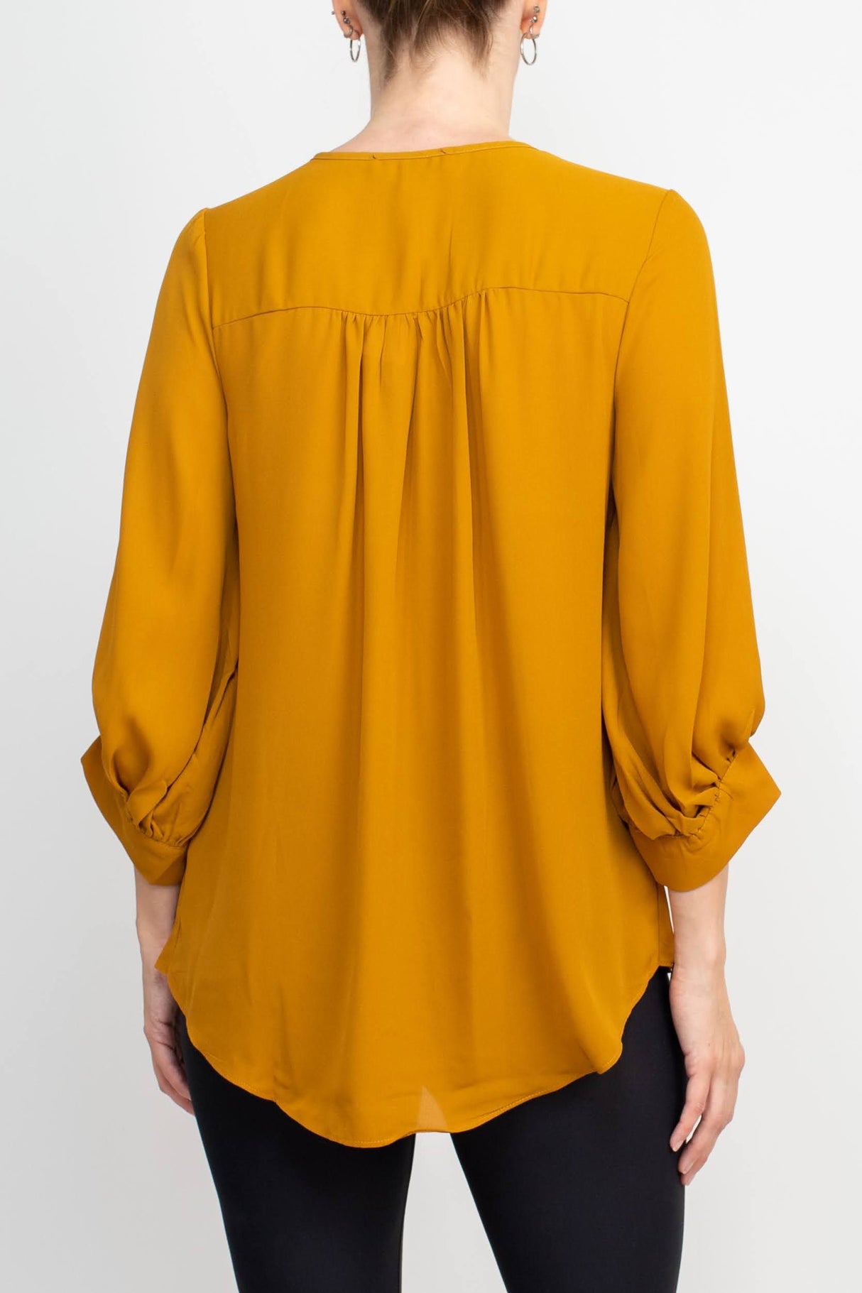 Joan Vass NY Crew Neck Tie Neck 3-4 Shirred Sleeve Front Panel Double Layer Crepe Top by Curated Brands