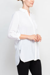 Joan Vass NY collared 3/4 sleeve front button closure chiffon crepe shirt by Curated Brands