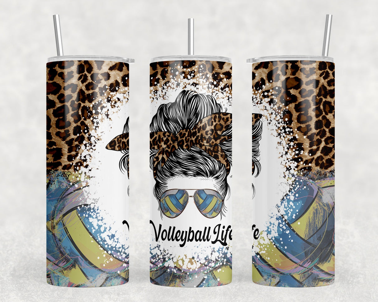 Volleyball Life Leopard Print - 20 oz Steel Skinny Tumbler - Optional Blue Tooth Speaker - Speaker Color will Vary by Rowdy Ridge Co