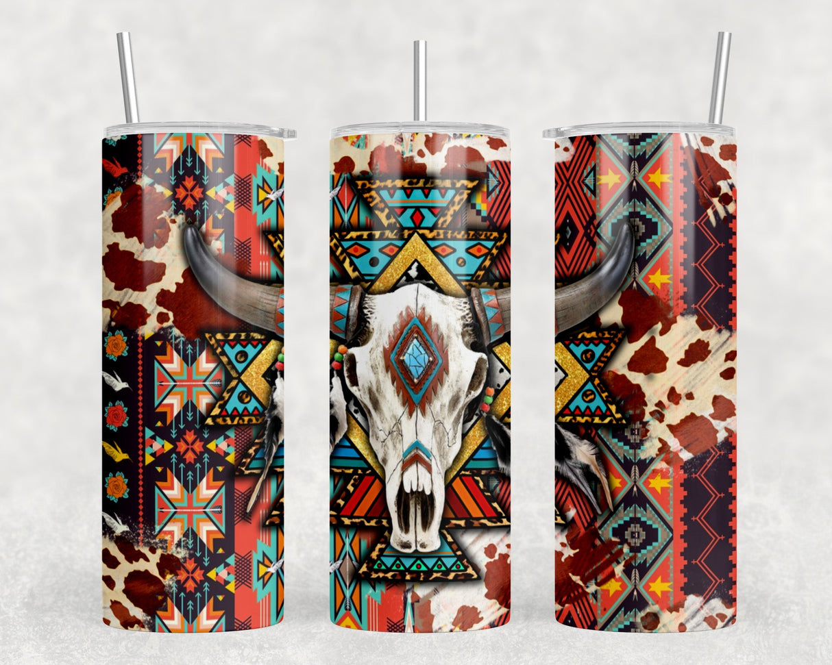 Western Aztec Bull Skull|Skinny Tumbler|Optional Bluetooth Speaker| Speaker Color Varies by Rowdy Ridge Co