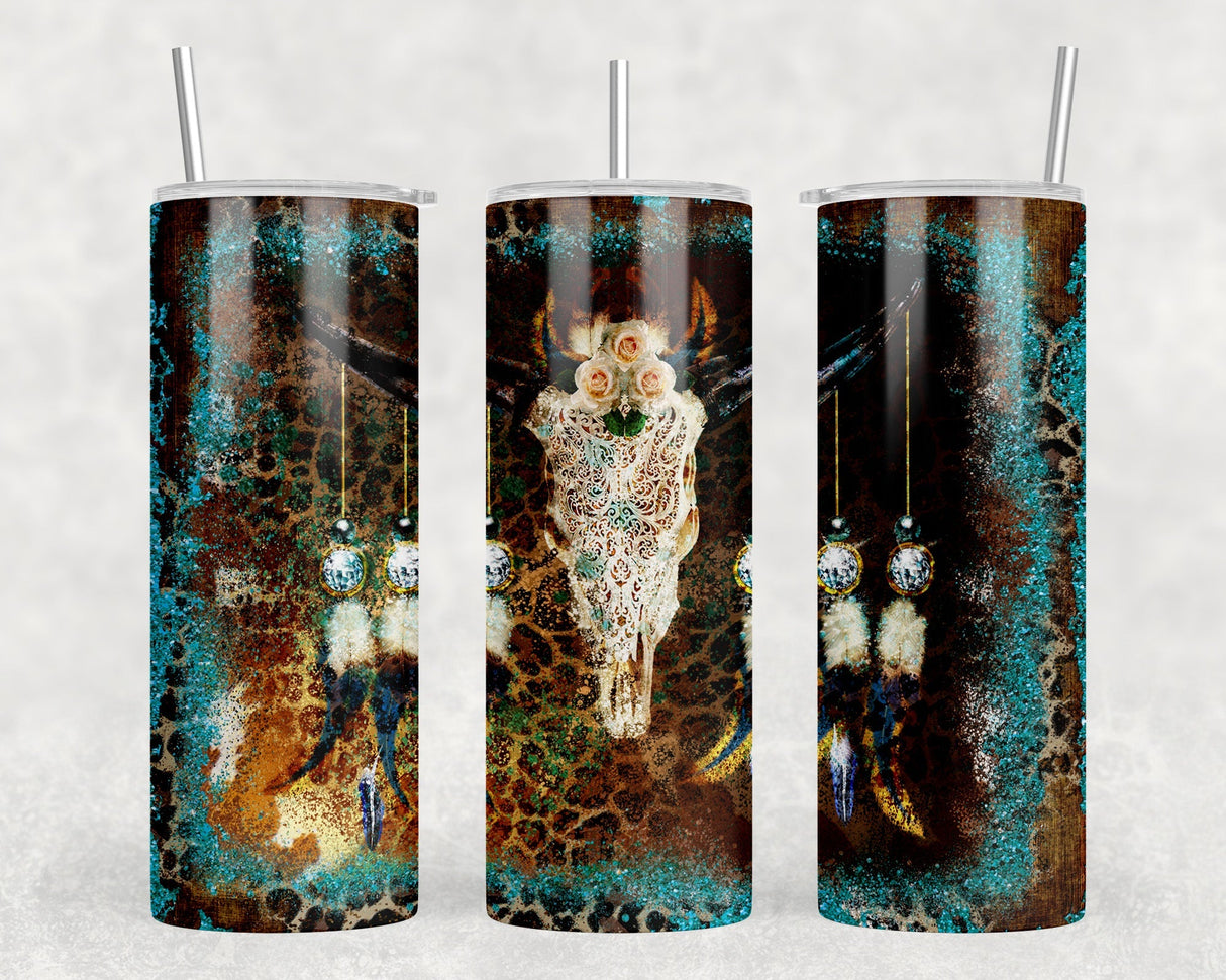 Western Bull Skull |Skinny Tumbler|Optional Bluetooth Speaker| Speaker Color Varies by Rowdy Ridge Co