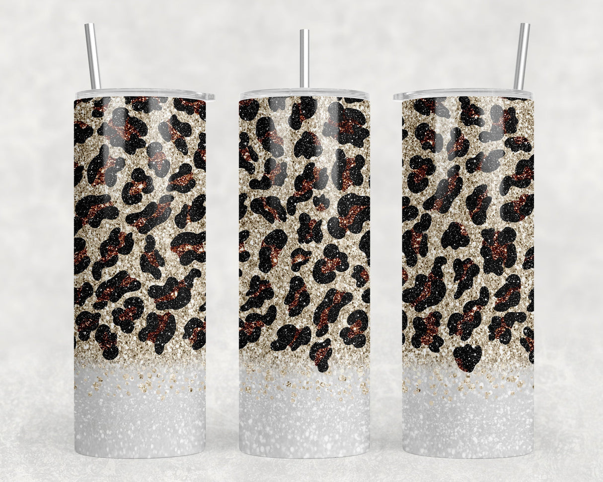 White faux glitter Leopard Print - 20 oz Steel Skinny Tumbler - Optional Blue Tooth Speaker - Speaker Color will Vary by Rowdy Ridge Co