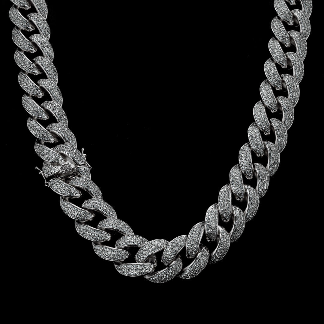 18mm Diamond 3 Row Miami Cuban Link Chain in White Gold by Custom Gold Grillz