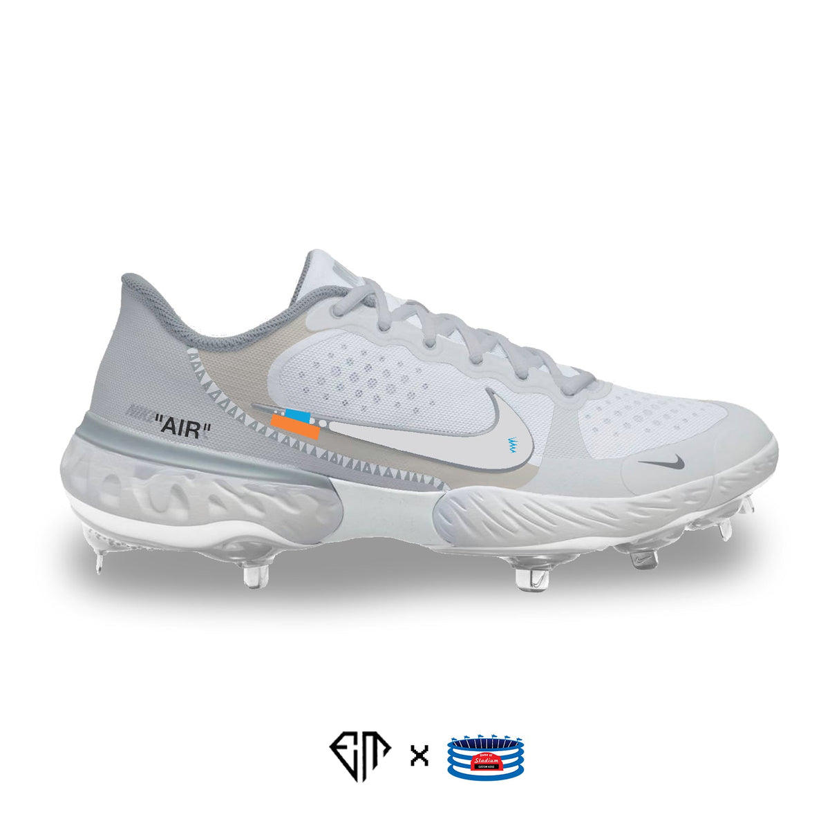 "White OW" Nike Alpha Huarache Elite 3 Low Cleats by Stadium Custom Kicks