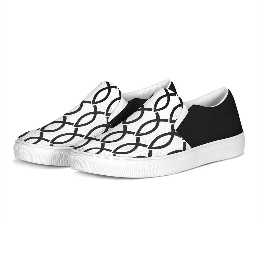 Womens Sneakers - Black & White Ichthys Style Low Top Slip-on Canvas Shoes by inQue.Style