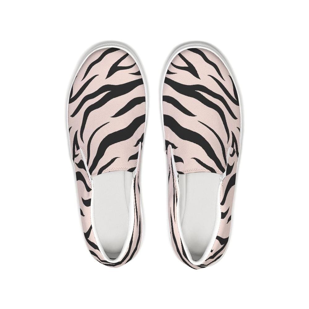 Womens Sneakers - Pink and Black Zebra Stripe Canvas Sports Shoes / Slip-on by inQue.Style