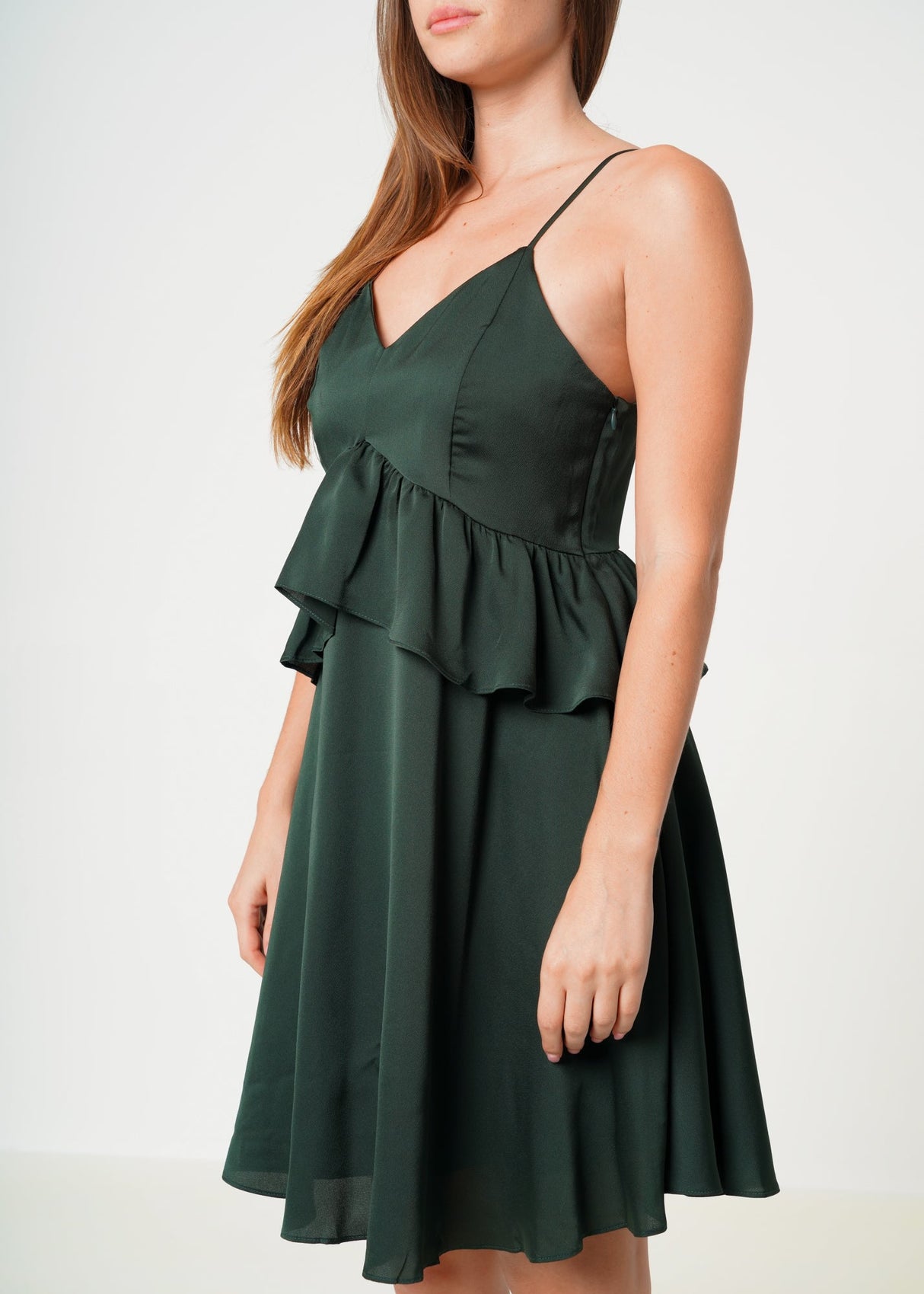 Deep V-neck Ruffle Baby Doll Dress In Hunter Green by Shop at Konus