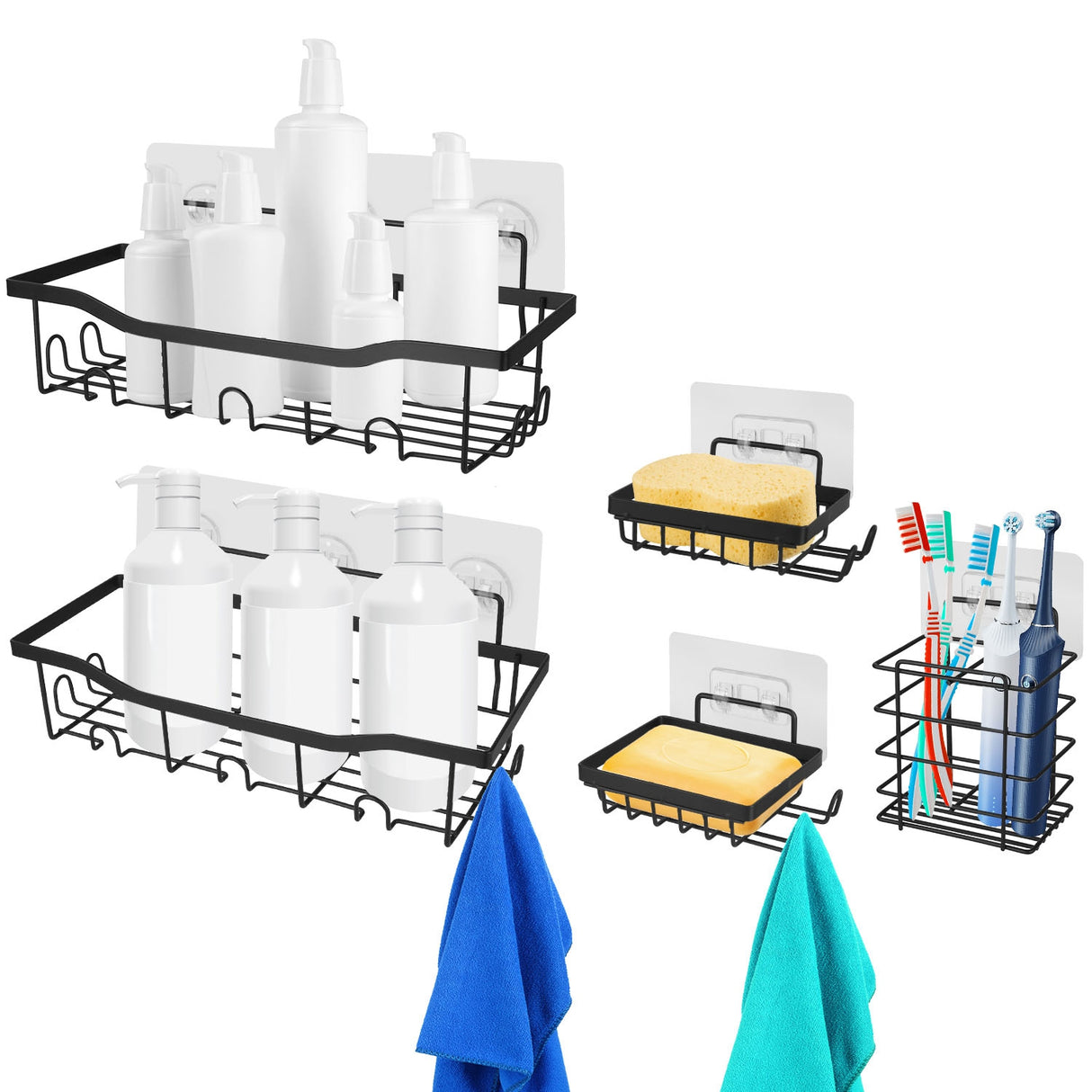 5 Pack Shower Caddy Shelves with 18 Inbuilt Hooks Rustproof Wall-Mounted Storage Shelves for Bathroom Dorm Kitchen Adhesive Bathroom Organizer for Sha - Black