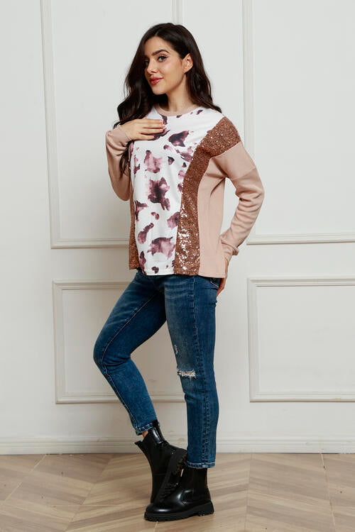 Sequin Animal Print Round Neck Sweatshirt